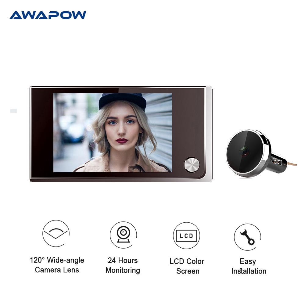 Awapow 3.5 Inch Video Doorbell 120 Degree Peephole Viewer Video Eye Door Bell Smart Home Outdoor Camera Monitor Visual Doorbell