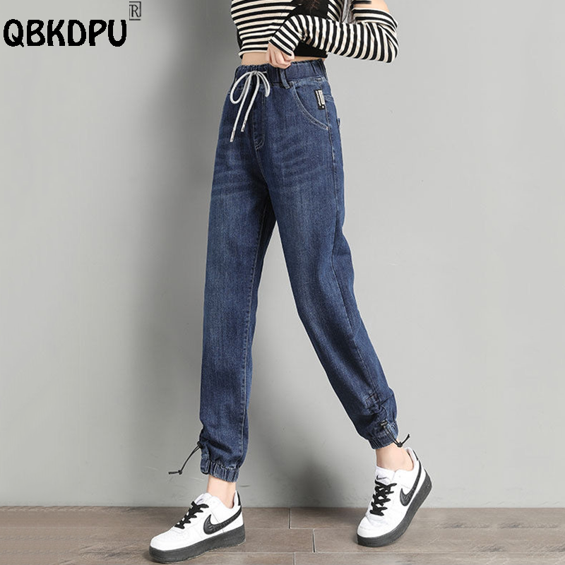  Trend Elastic High Waist Women's Jeans Bf Style Casual Banded Harem Vaqueros Mujer Ankle Length Blue/Black Denim Pants