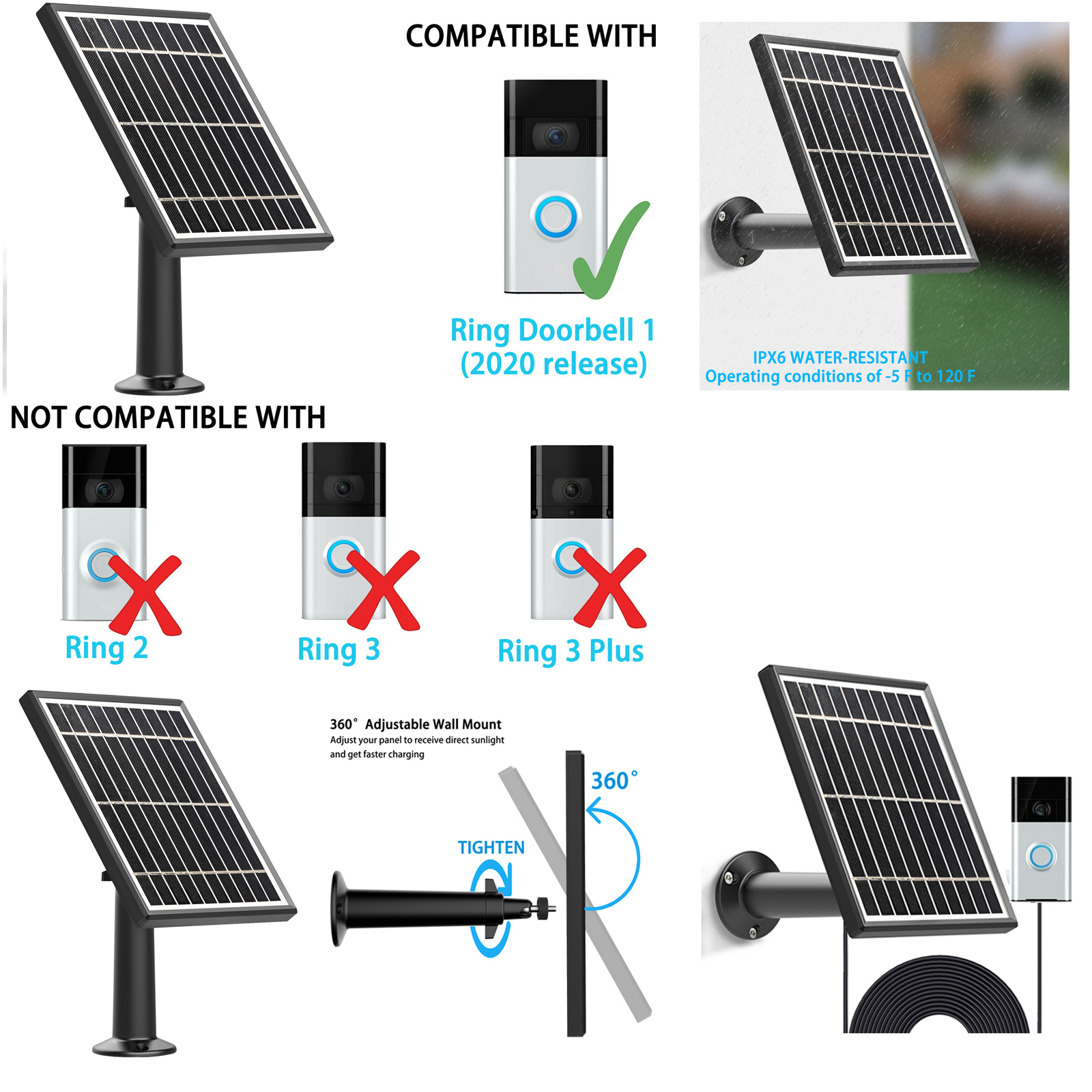 Solar panel for Ring Video Doorbell 1(1st Gen)3.5W Output，Aluminum Alloy Bracke