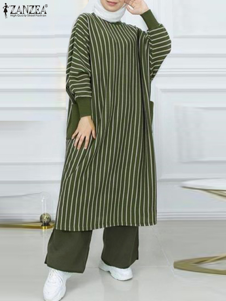 Vintage Muslim Sets Women Spring Striped Pants Sets ZANZEA Casual Long Sleeve Loose Long Tops Wide Leg Trousers Suits Tracksuits