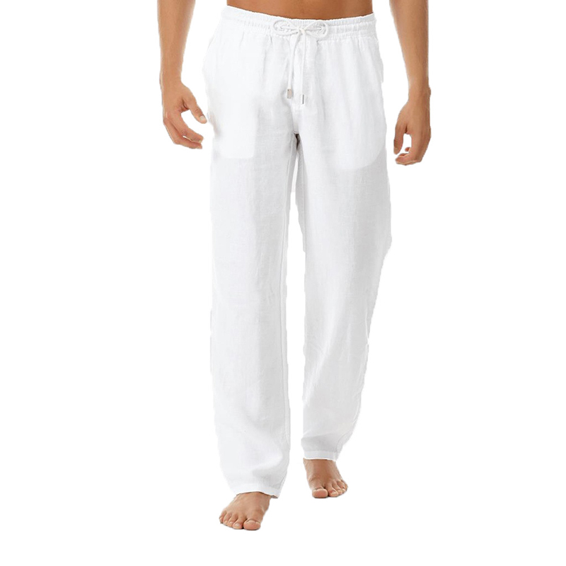 Top  Men's Summer Casual Pants Natural Cotton Polyester Trousers White Polyester Elastic Waist Straight Men's Pant