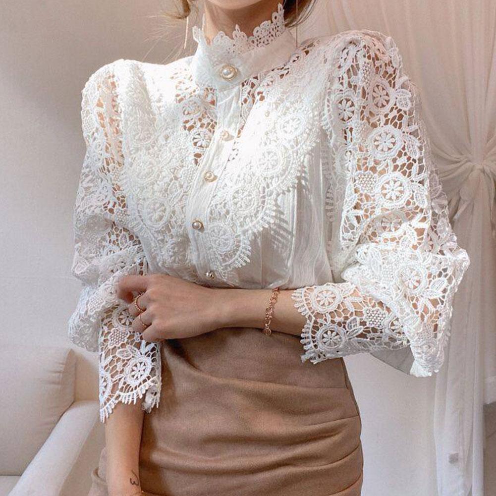  Sweet Hollow Out Lace Patchwork Women Blouse Shirt Flower Stand Collar Button Sleeve White Top Petal Blusas V5L5