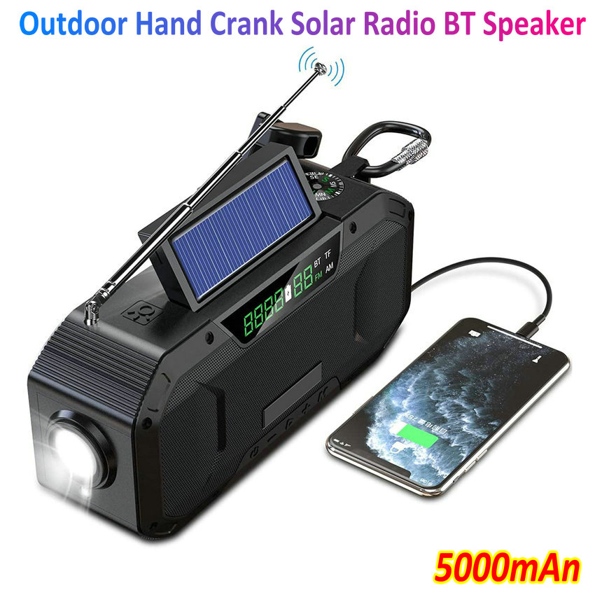 Outdoor Hand Crank Solar AM FM Emergency Radio Waterproof Bluetooth Speaker LED Flashlight SOS Compass 5000mAn Rechargeable etc.