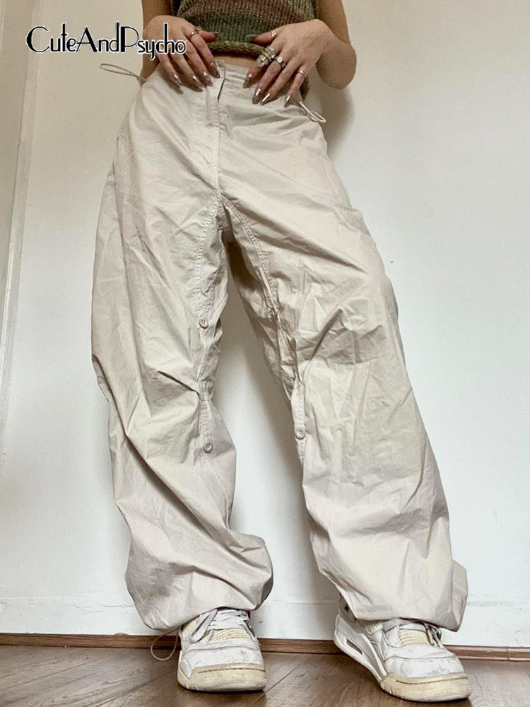 Cuteandpsycho Oversized Solid Joggers Tech Pants High Waist Streetwear  Brown Baggy Trousers Y2K Casual Vintage Clothes
