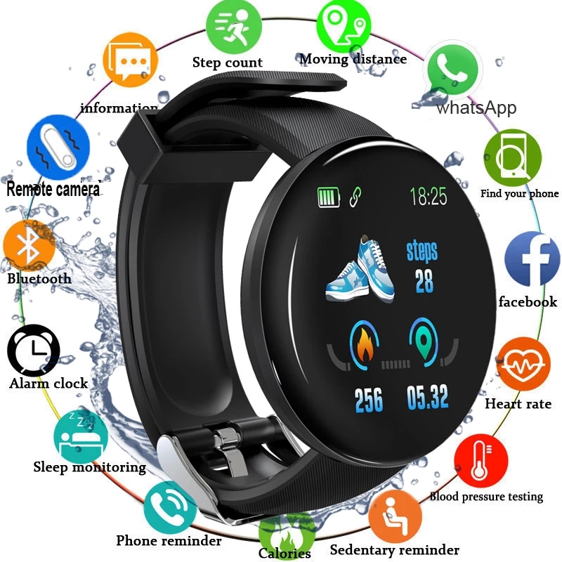 D18 Sport Fitness Smart Watch with Call Vibration Reminder Message Push Heart Rate Blood Pressure Monitoring Wearable Wristwatch