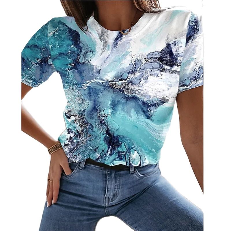 Ladies 3D printing painting T-shirt landscape 3D printing  summer round neck big discount