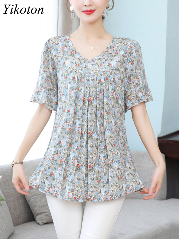 Summer Women's Tops Short Sleeved Ladies Blouse V-Neck Large Size Loose Top Chiffon Shirt Folds Casual Print Blouses Blusas