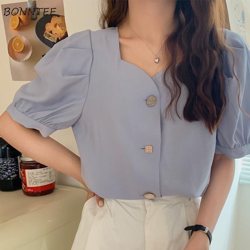Shirts Women Square Collar Puff Sleeve Button  Style Elegant Chiffon Trendy Female Top Blusas All-match Summer  Ins