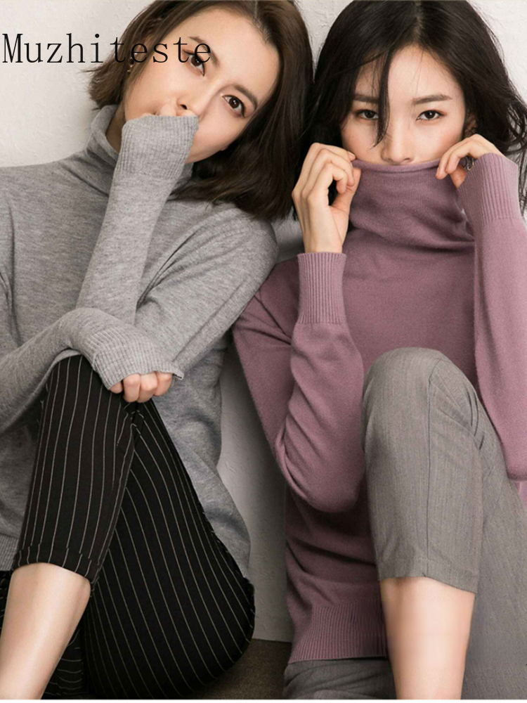 Women's Turtleneck Knitted Sweaters Long Sleeve Basic Pullover Jumper Autumn Winter Beige Knit Turtlenecks for Sweater Women