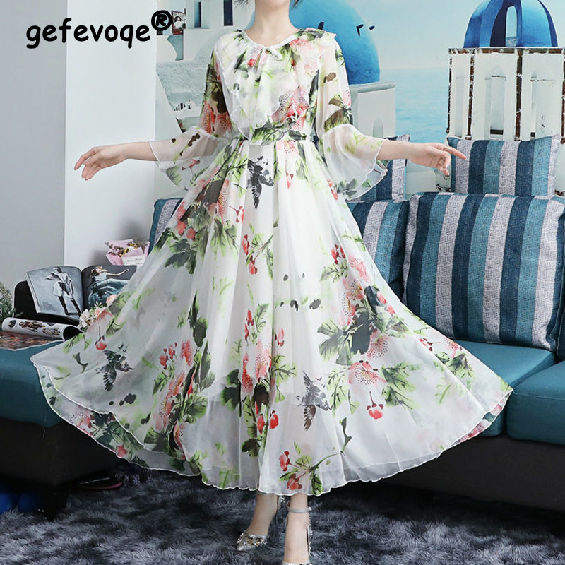 Women's Summer Fairy Elegant Floral Print Chiffon Party Long Dresses Ruffle Half Sleeve Lace Up A Line Maxi Dress Robe Femme