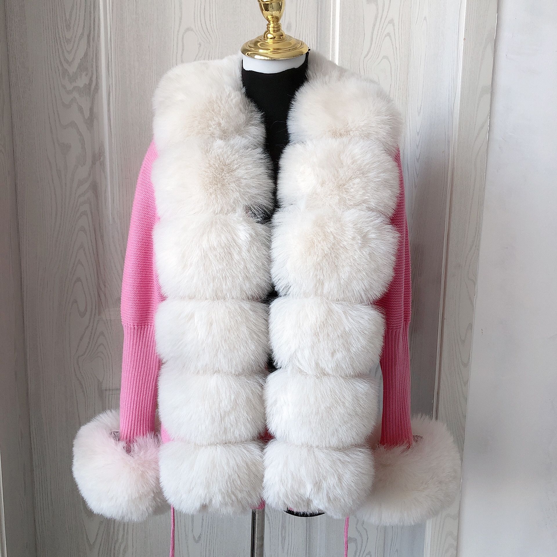 Women Faux Fur Knit Sweater cardigan Spring Autumn elegant Knitted sweater with faux fox fur collar Ladies  Coat fur coat