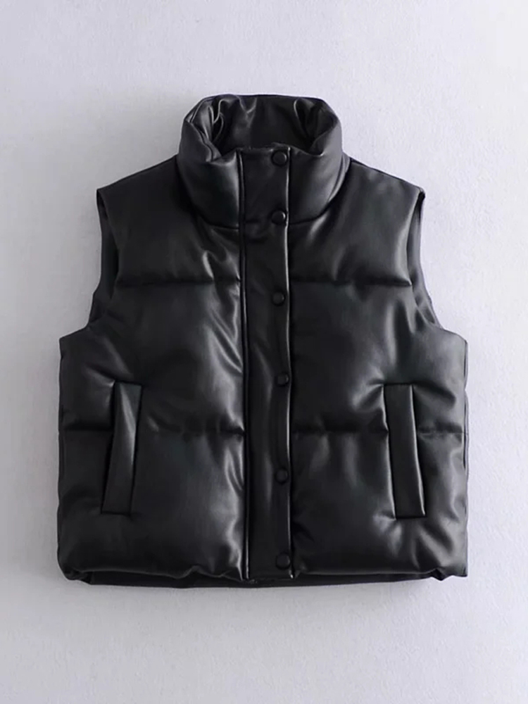 Womens Puffy Vest Down Vest Black Pu Leather Vest Woman Jacket Coat Autumn Winter Outwear Puffer Vest Female  Sleeveless Jacket
