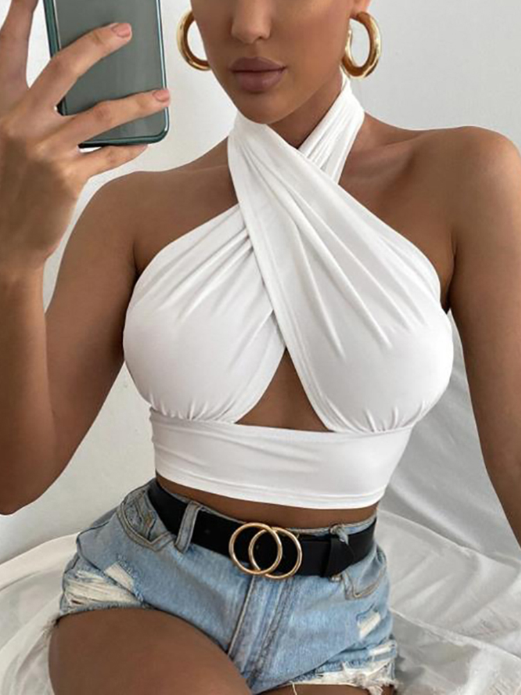Women Summer Tank Tops Sexy Solid Color Cross Halter Neck Push Up Hollow Crop Tops  