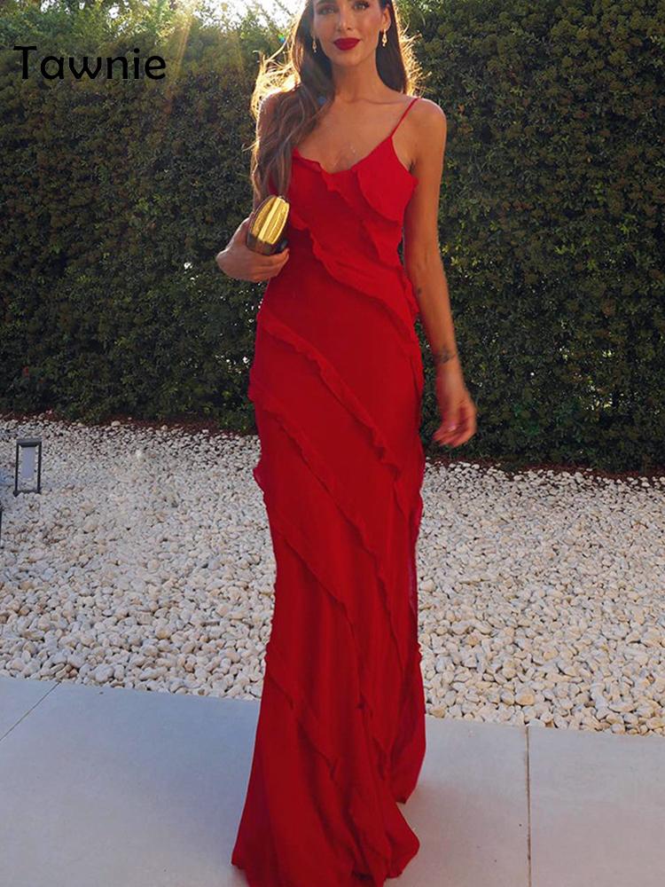 Tawnie Spaghetti Strap V Neck Maxi Dress Women  Summer Elegant Ruffles Backless Sleeveless Bodycon Dresses Party Club Beach