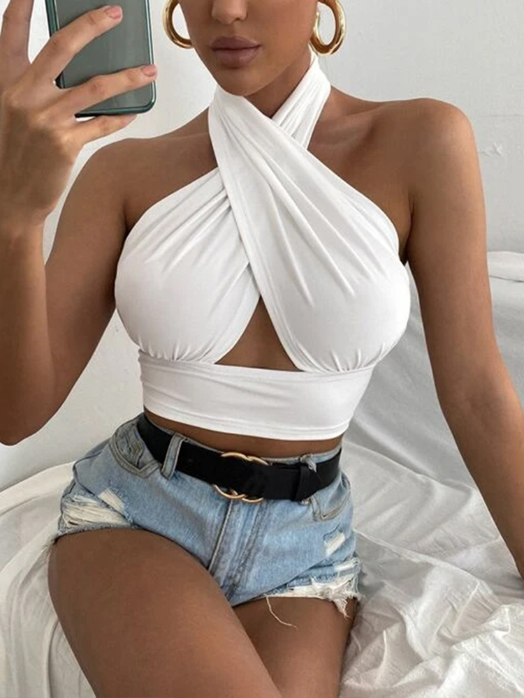 Sexy Women Tank Tops Summer Solid Color Cross Halter Neck Push Up Hollow Gothic Vest Female White Crop Tops  