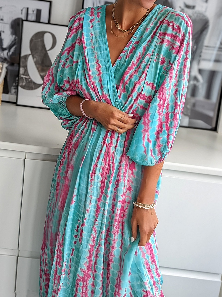 Women Fall Loose V-Neck Street Party Dress Elegant Elastic Waist Dress Gradient Printed Retro Bright Long Dress Robe Vestido