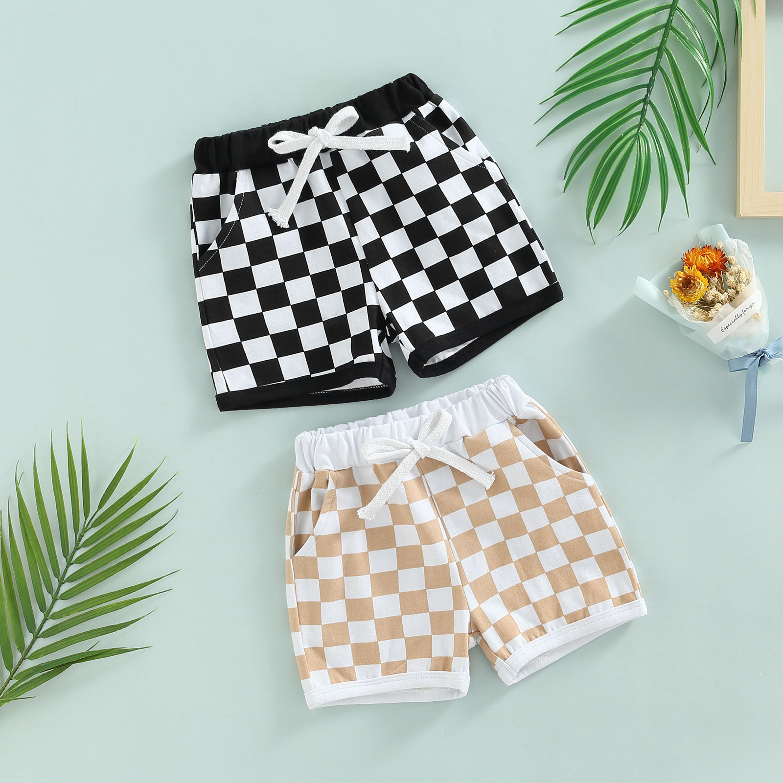  Summer Toddler Baby  Shorts Checkerboard Print Elastic Waist Drawstring Short Pants Clothing 0-3T