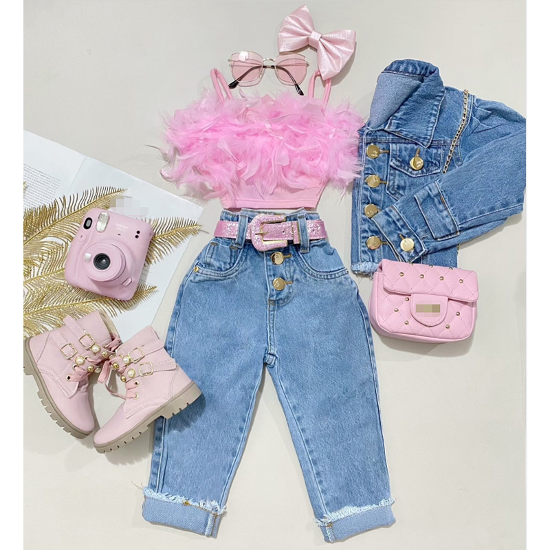 FOCUSNORM Little Girls  Clothes Sets 1-6Y Ruffles Fur Feather Sleeveless Camisole Tops+High Waist Denim Pants 2pcs