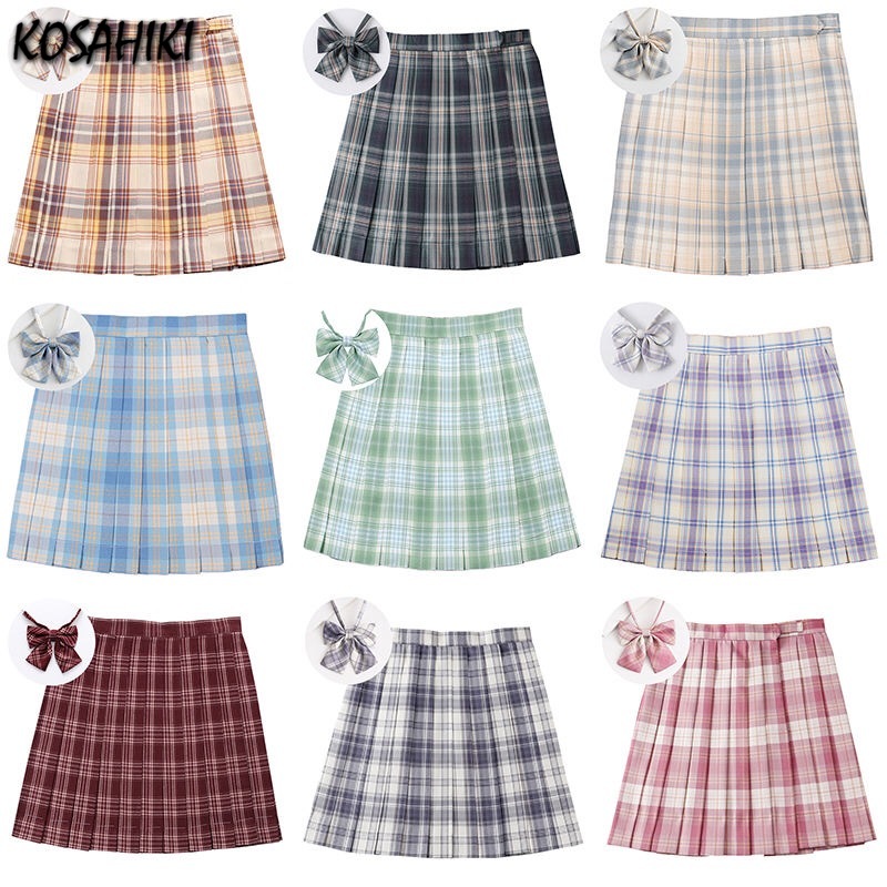KOSAHIKI School Girl Uniform Pleated Skirts 17 Colors Japanese High Waist A-Line Y2k Plaid Skirt+ Bow Sexy JK Uniforms for Woman