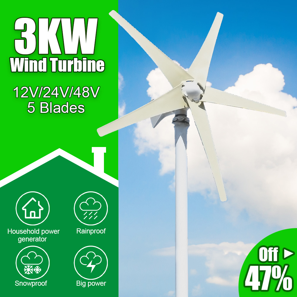 3000W 5 Blades Free Energy Windmill 12V 24V 48V Wind Power Small Wind Turbine Generator MPPT Controller For Home use
