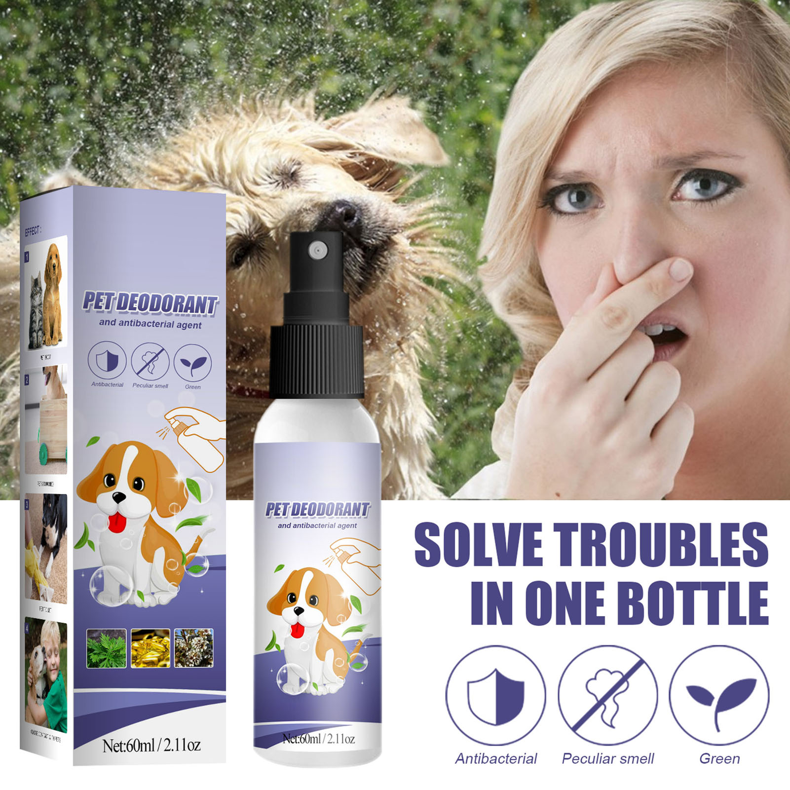 60ml Dog Cat Deodorizing Spray for Pets With Natural Plant Formula Pet Liquid Perfume Spray Long-Lasting Pet Perfume Deodorant