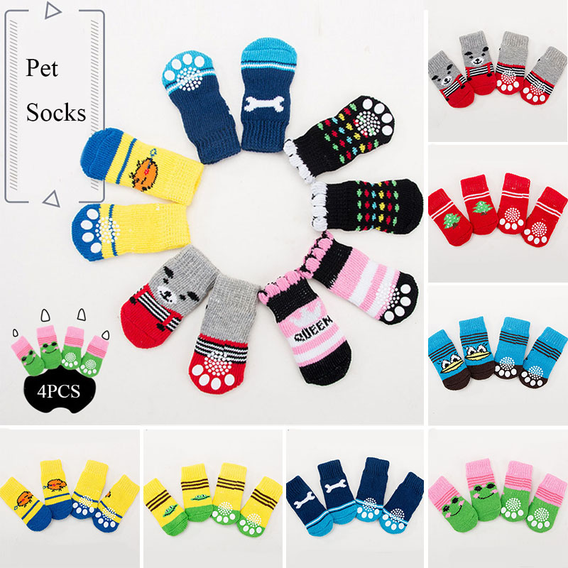 Pet Dog Winter Anti-Slip Socks Small Cat Dogs Knit Warm Socks Chihuahua Thick Paw Protector Dog Socks Booties Accessories 4pcs