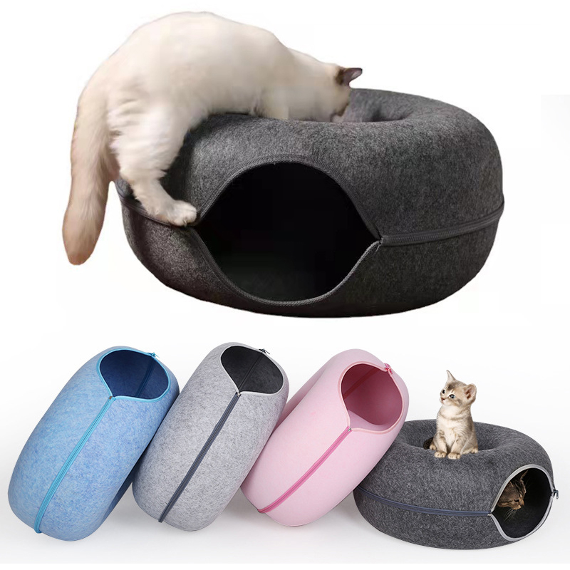 Felt Cat Tunnel Bed Doughnut Pet Cat Hideaway Nest Bed Puppy Cat Bed Cave Hideout for Cat Play Toys Pet Supplies Accessories