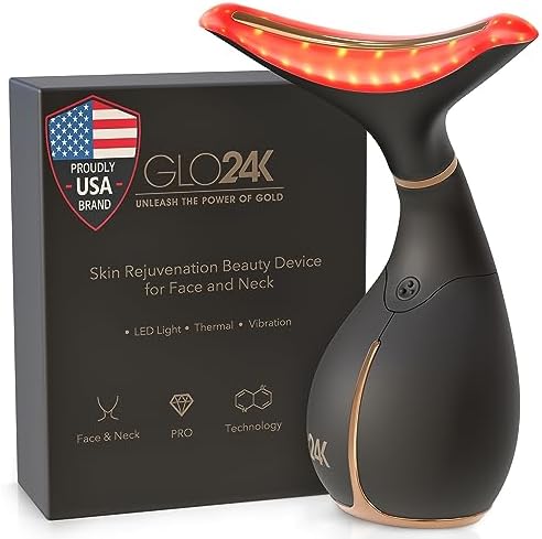 GLO24K Red Light Beauty Device for Face and Neck. Based on Triple Action L E D, Thermal, and Vibration Technologies.