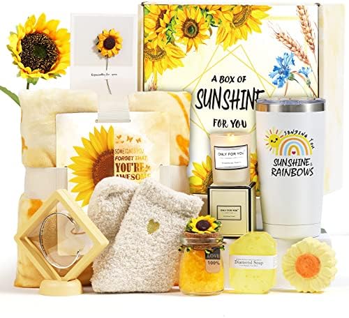 Sending Sunshine Gifts for Women, Care Package for Women, 10 Pcs Sunflower Gifts, Get Well Soon Gifts Basket, Unique Birthday Gifts Box with Inspirational Blanket Candle for Women, Her, Mom, Wife
