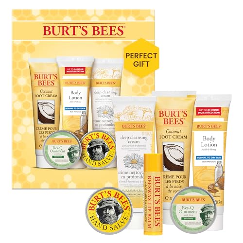 Burt's Bees Back to School Gifts Ideas, 6 College Dorm Products, Timeless Minis Set – Beeswax Lip Balm, Coconut Foot Cream, Milk & Honey Body Lotion, Deep Cleansing Cream, Res-Q Ointment & Hand Salve