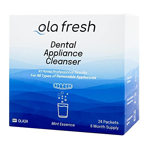 Ola Fresh Dental Appliance Cleanser, 24 Packets of Professional Strength Concentrated Cleaner Powder - Retainer Cleaner, Denture Cleaner and Night Guard Cleaner, Mint Essence Flavor (12 Month Supply)
