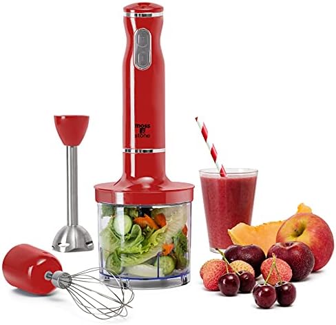 Moss & Stone Red Hand Blender Electric With Egg Whisk & Chopper, Powerful 300 Watt Immersion Hand Blender, Hand Mixer Set Stainless Steel Shaft & Blades, Red Handheld Blender With Ergonomic Handle