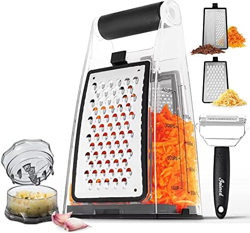 Joined Cheese Grater with Container - Box Grater Cheese Shredder Lemon Zester - Cheese Grater with Handle - Graters for Kitchen Stainless Steel Food Grater - Garlic Mincer Tool and Vegetable Peeler