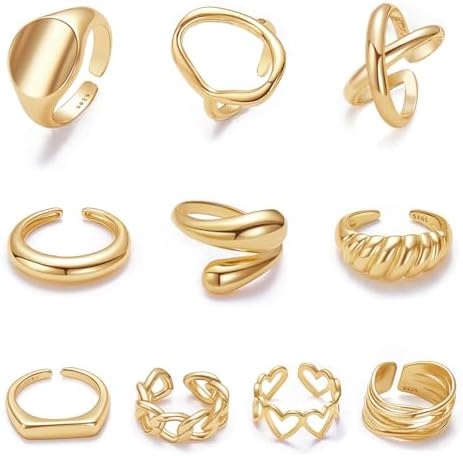 10PCS Gold Dome Chunky Rings for Women 18K Gold Plated Braided Twisted Round Signet Rings Adjustable Open Ring Band Statement Jewelry Size 7-9