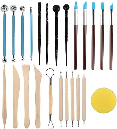 RUBFAC Polymer Clay Tools, Clay Tools Kit, 24pcs Clay Sculpting Tools Set with Stylus and Rock Painting Kit - Air Dry Clay Modeling Tools for Pottery and Sculpture