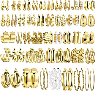 42 Pairs Gold Hoop Earrings Set for Women, Fashion Chunky Pearl Earrings Multipack Twisted Statement Earring Pack, Hypoallergenic Small Big Hoops Earrings for Birthday Party
