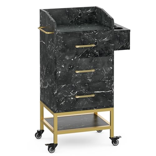 Beauty Salon Storage Trolley Cart, Glass Top Hair Salon Stations Cabinet for Stylist with Lockable Rolling Wheels, Drawer Barber Salon Furniture (Black Marble)