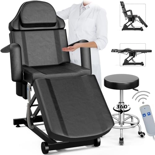 Electric Tattoo Chair Esthetician Bed and Stool, Lash Chair for Eyelash, Facial Bed Spa Massage Table for Beauty Microblading, Wax, Black