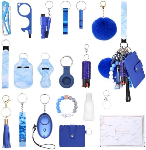 AMIR Safety Keychain Set for Women, Wristlet Strap Keychain with Personal Alarm and Pom Pom Accessories Kit, Gifts for Women and Girls (Blue)