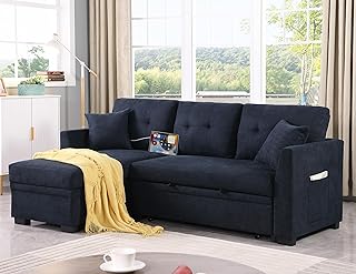 ERYE L-Shaped Reversible Pull Out Sleep Sofabed, Modern Velvet Upholstered Tufted Sleeper Sectional Sofa with Storage Chaise, USB Charging Ports, Side Pockets and 2 Pillows for Living Room