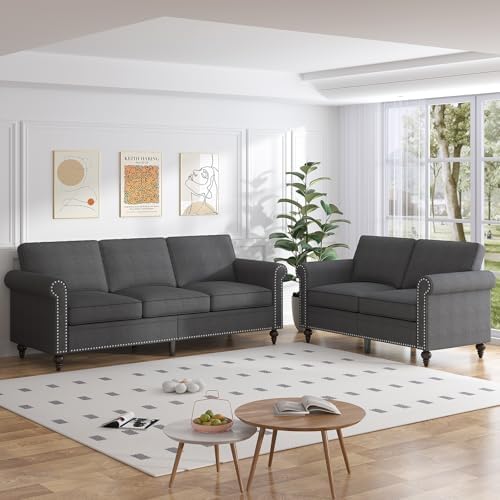 CECER 2 Piece Living Room Sofa Set, Upholstered Sectional Sofa Couch with Nailhead Trim, 3 Seat Sofa and Loveseat Couch with Solid Wood Frame for Apartment/Living Room/Office-Dark Grey