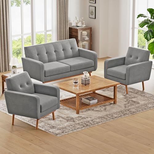 HUIMO Living Room Set, Button Tufted Living Room Furniture Sets, Upholstered Modern Couch Set with Solid Frame, Deep Seat Sofa Set for Living Room, Office (Dark Grey, 3 Piece Set-1*loveseat+2*Chair)