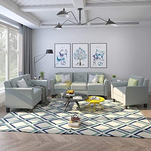 ERYE Modern 3 Pieces Living Room Furniture Sets Include Sofa，Loveseat and Armchair,Button Tufted Polyester Blend Upholstered 1+2+3 Sectional Sofa&Couch, Gray-Green, 74.8 x 31 x 29.5 inches