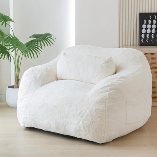 MAXYOYO Giant Bean Bag Chair with Pillow, Faux Fur Bean Bag Sofa for Adults Large Fluffy and Comfy Bean Bag Couch with Filler for Reading, Gaming, Beige