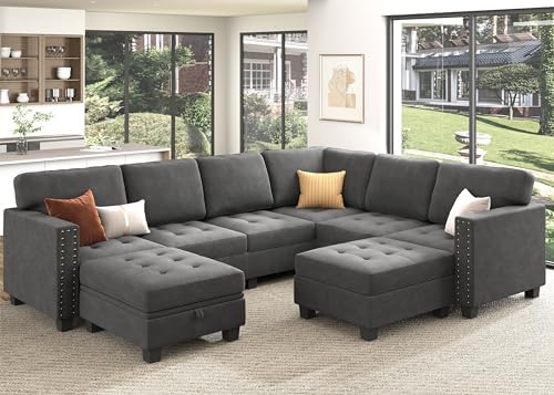 HONBAY Velvet Modular Sectional Sofa, L Shaped Sofa Couch with Storage Top Tray Ottoman U Shape Sectional Couch for Living Room, Grey