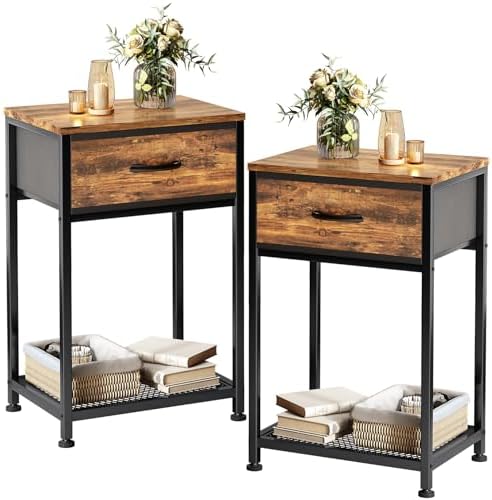 Kitstorack Night Stands Set of 2,End Tables with Drawer for Bedroom Side Table for Home, Small End Table Brown Wood Night Stand Bedroom Nightstands Bedside Table Set of 2 Bedroom Furniture