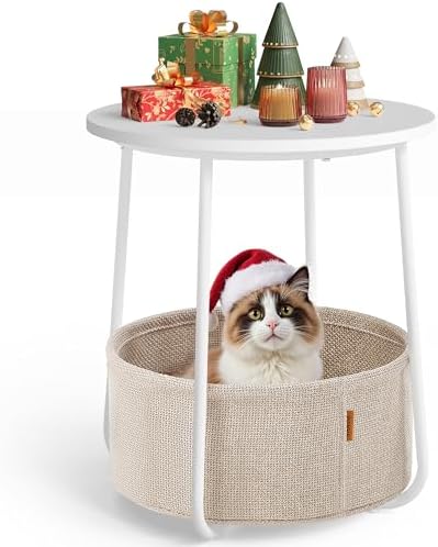 VASAGLE End Table, Small Bedside Table with Fabric Basket, Modern Nightstand, Round Side Table, for Living Room, Bedroom, Matte White and Camel Brown ULET223W10