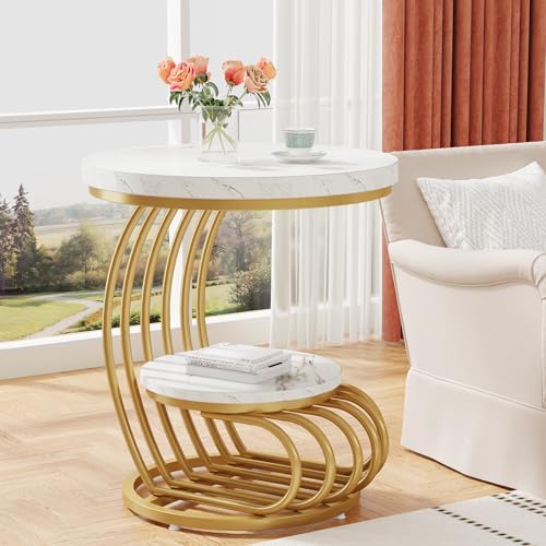 Tribesigns Gold Round End Table: 2 Tiers Faux Marble Side Table with Storage Shelf, Modern White Gold Bedside Nightstand, Metal Arc-Shaped Frame Accent Table for Living Room, Bedroom