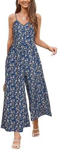 LAISHEN Wide Leg Jumpsuits for Women Dressy Casual 2024 Summer Rompers Smocked Sleeveless Floral Jumpers with Pockets