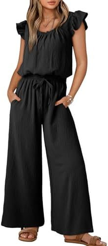 Dokotoo Jumpsuits for Women 2025 Summer Ruffle Sleeves Square Neck Rompers Drawstring Overalls with Pockets